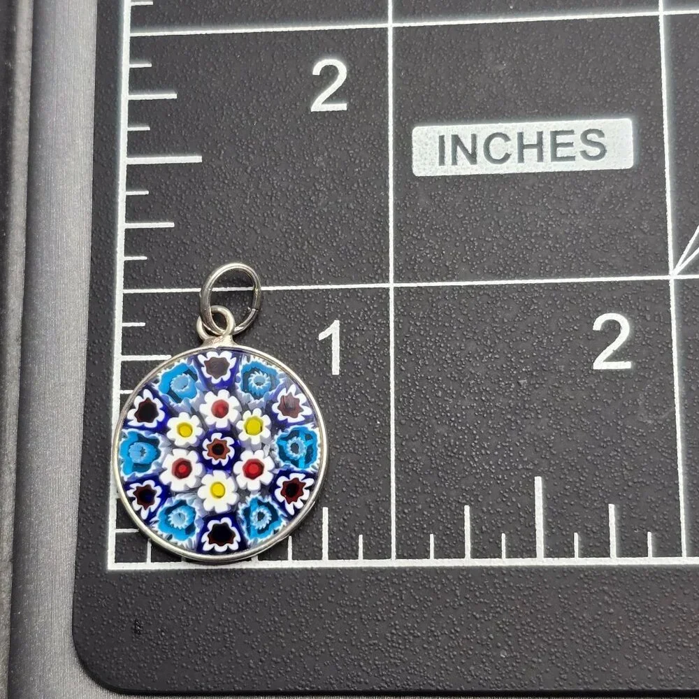Murano Glass Millefiori Pendant 1" Sterling Silver Blue White Italy Signed PD - Picture 9 of 9
